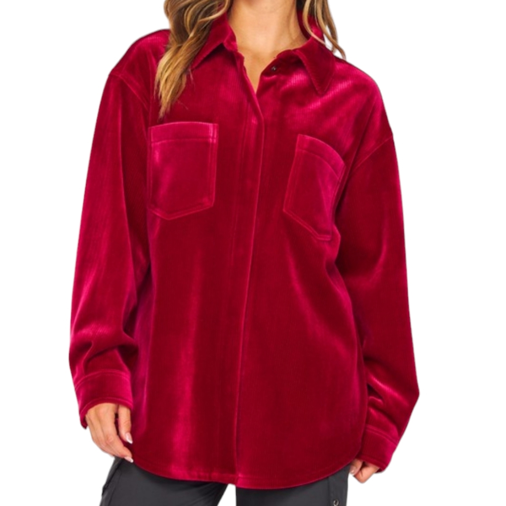 Raspberry Velour Shacket / Button-Down Shirt NWT - (#0063)